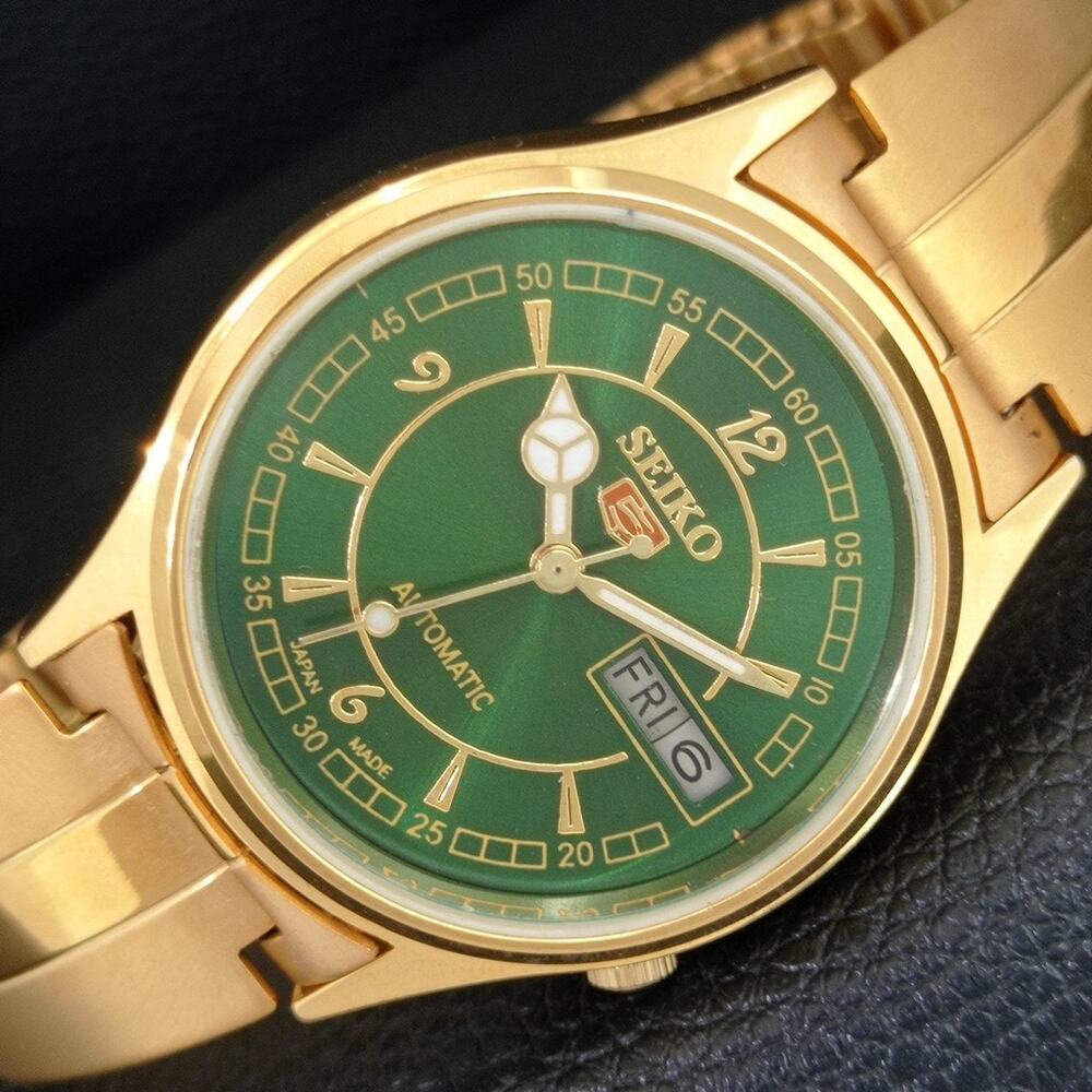 Vintage 1983 Seiko Automatic Mens Gold Watch W/daydate & Green accents